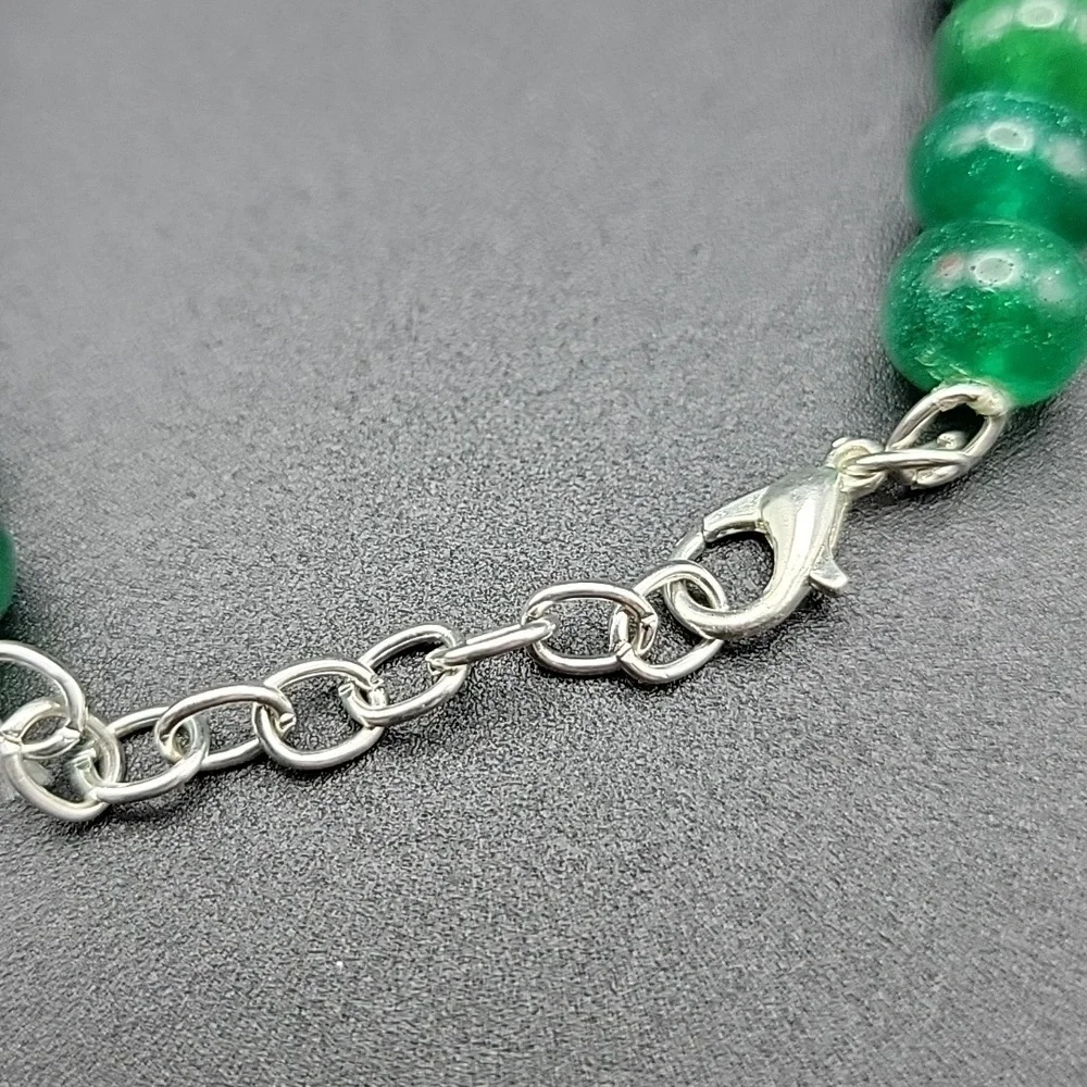 195 Cts  Authentic Natural Gemstone Green Onyx Bracelet Round Beaded Silver Tone
